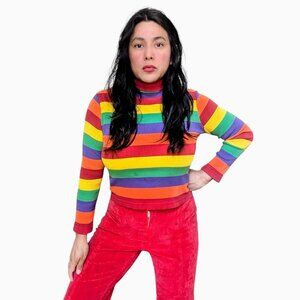 Vintage 90's rainbow bright colorful striped semi cropped turtleneck sweater OS